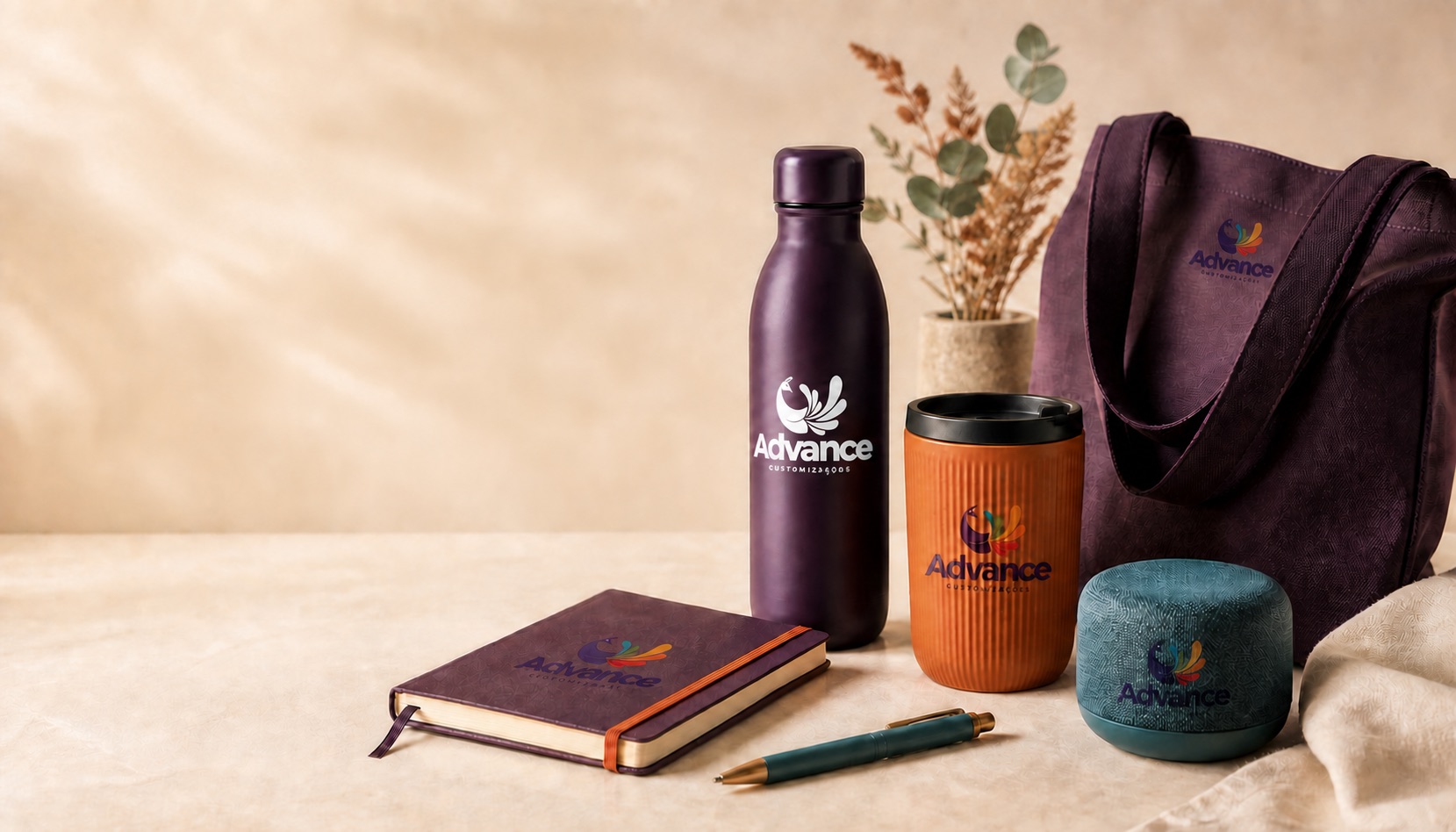 Seleção de brindes personalizados com a marca Advance